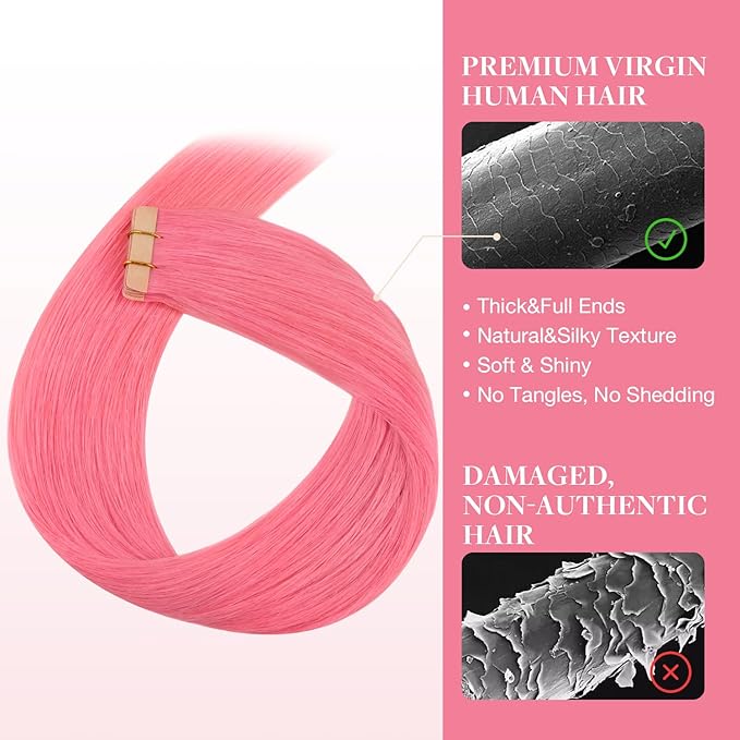 GOO GOO Tape in Hair Extensions Human Hair, Light Pink, 18inch 25g 10pcs, Colored Tape ins Human Hair Extensions, Silky&Soft Invisible Tape Ins, Hair Highlighted for Party