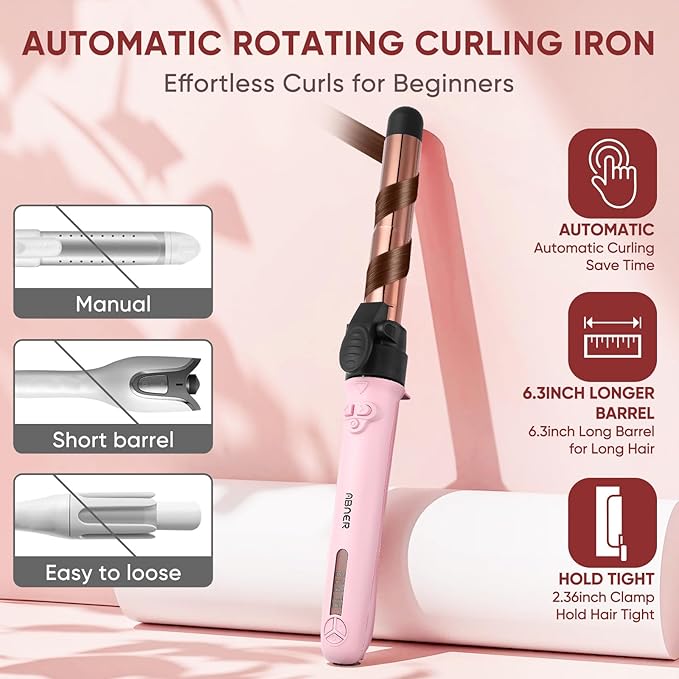 ABNER Rotating Curling Iron Set, Automatic Curling Wand for Long Hair, Easy to Use Hair Curler Get Effortless Beach Waves, 3 Sizes Ceramic Barrel 0.75" 1" 1.25" to 430°F with Home Button, Dual Voltage