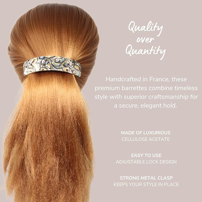 French Amie Curved Onyx Large 3 ¾” Handmade Celluloid Automatic Volume Hair Clip Barrette (Onyx Silver Grey)