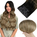 Full Shine Clip in Hair Extensions Real Human Hair Black Root Light Brown Mix Blonde Seamless Hair Extensions Clip in with PU Weft Softness 16 Inch 8 PCS 120 G