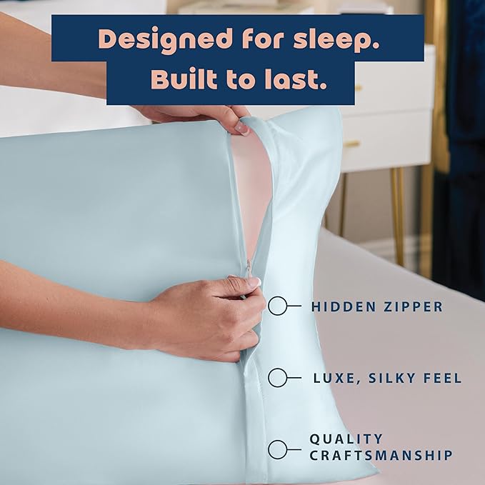 BLISSFORD Satin Pillowcase with Zipper, for Hair and Skin Care, Feels Soft and Cool Like a Silk Pillowcase, Satin Pillow Cases 2 Pack, Slik Pillow Cover, Baby Blue - King Size, Set of 2