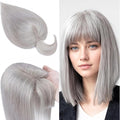 SEGO 100% Real Human Hair Toppers, with Air Bangs, Silk Base 150% Density, Clip in Topper, 2.7肺5.1・ HairPieces for Women, with Thinning/Hair Loss Cover Gray