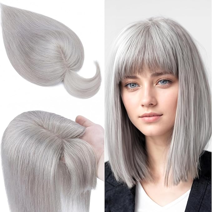 SEGO 100% Real Human Hair Toppers, with Air Bangs, Silk Base 150% Density, Clip in Topper, 2.7肺5.1・ HairPieces for Women, with Thinning/Hair Loss Cover Gray