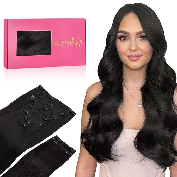 WENNALIFE Clip in Hair Extensions, 150g 14 Inch 9pcs Natural Black Human Hair Extensions Thicker Real Human Hair Clip Set Double Weft