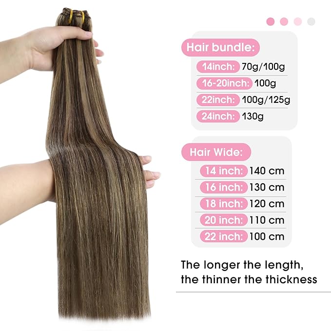 YoungSee 100G Weft Hair Extensions Dark Brown Highlight with Caramel Blonde Sew in Hair Extensions Real Human Hair Short Straight Hair Extension Weft for Women 14inch