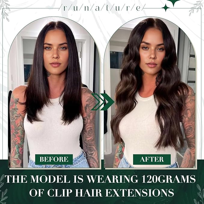 RUNATURE Clip in Hair Extensions Real Human Hair Black, Natural Hair Clip in Extensions for Women, Double Weft Black Hair Extensions 16 Inch 50g 3pcs #1B