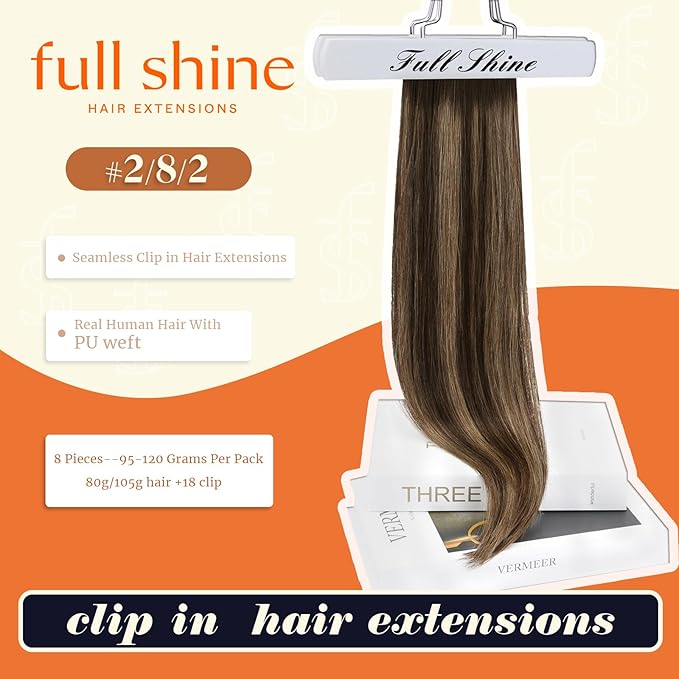 Full Shine Seamless Human Hair Clip in Extensions 14 Inch Ombre Dark Brown to Light Brown with Honey Blonde Clip in Hair Extensions for Women 8 PCS 120 Grams