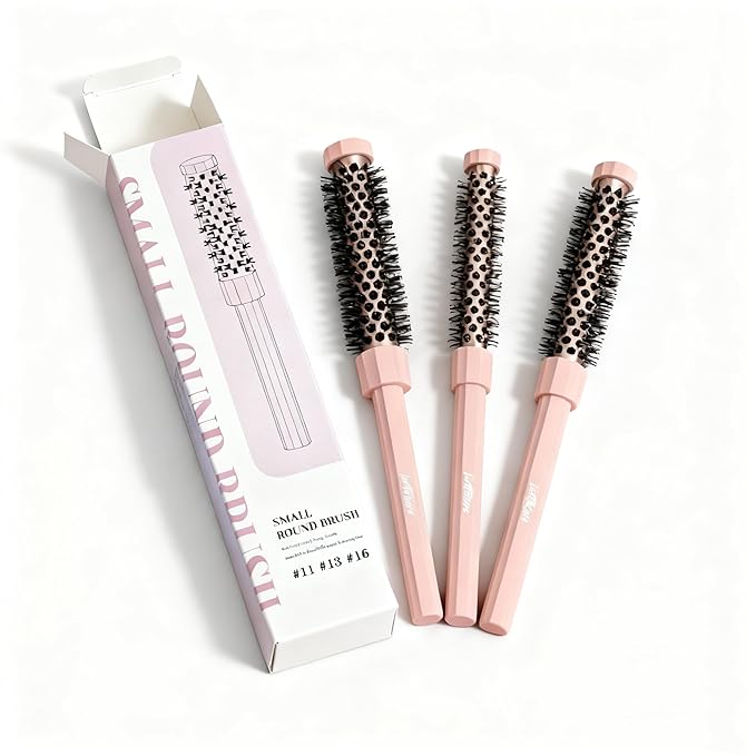 Small Round Hair Brush Pink - Boar Bristle&Nylon Mixed Bristles for Smoothing, Volumizing & Frizz Control - Mini Blow Dry Styling Brush for Fine Hair, Smooth Curls and Salon Blowout at Home