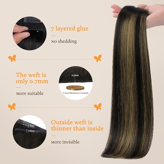DOORES Seamless Clip in Hair Extensions Real Human Hair Extensions, Natural Black Mixed Chestnut Brown 110g 16 Inch 7pcs, Invisi Edge Hair Extensions Straight Hair Remy Natural Hair