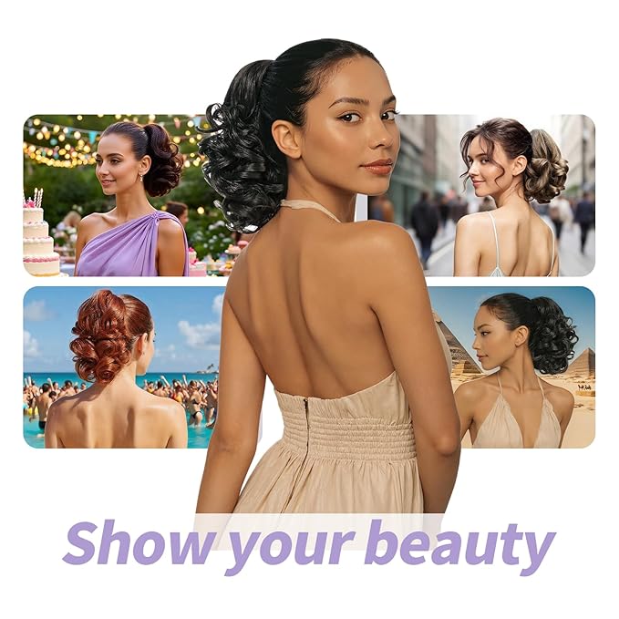 Brown Ponytail Extension,9" Short Curly Wavy Claw Clip Pony tails Hair Extensions Natural Soft Synthetic Hairpiece for Women