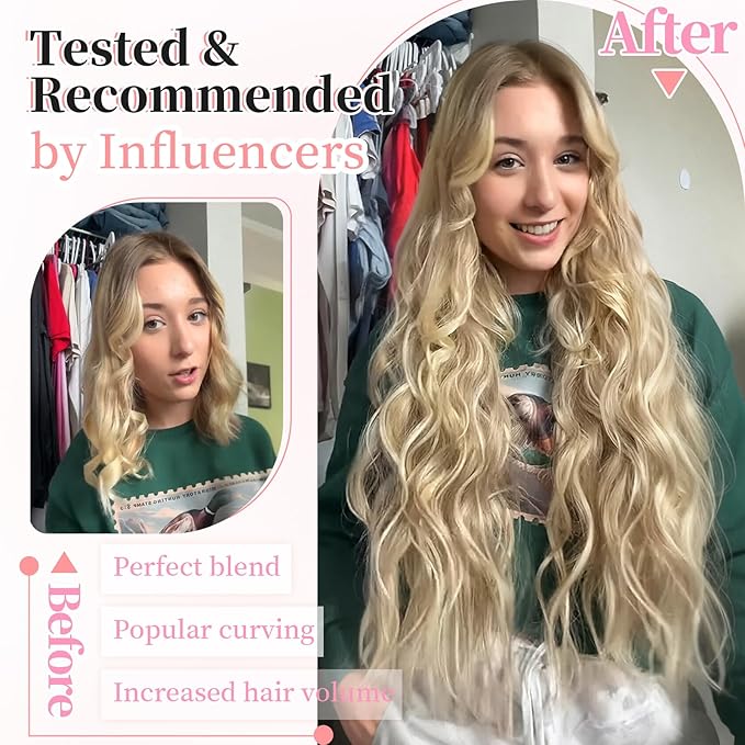 KooKaStyle Beach Blonde Hair Extensions Clip in Synthetic Highlight Hair Extensions Long Wavy 4PCS Thick Hairpieces 20 Inch for Women