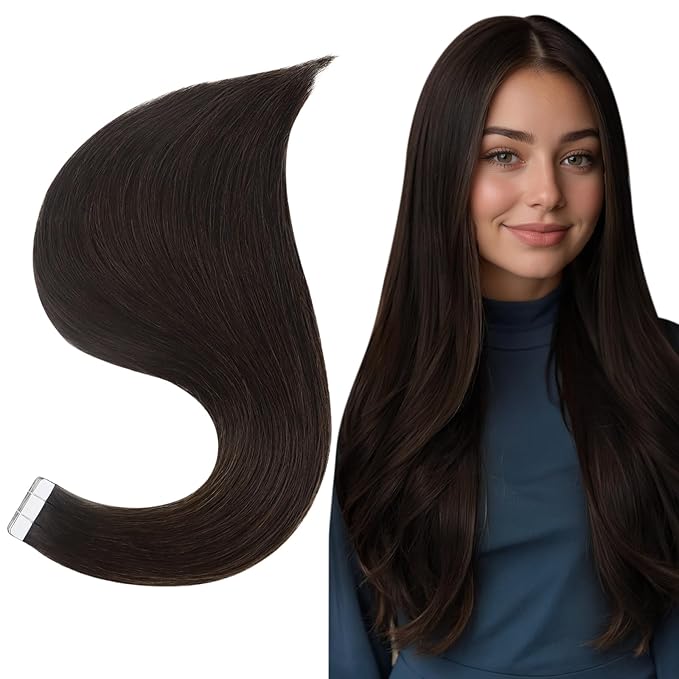 Full Shine Hair Extensions Tape in Color 2 Dark Brown Tape in Hair Extensions Human Hair 12Inch Skin Weft Hair Extensions 20Pcs 30Gram Tape Ins Human Hair Extensions for Women