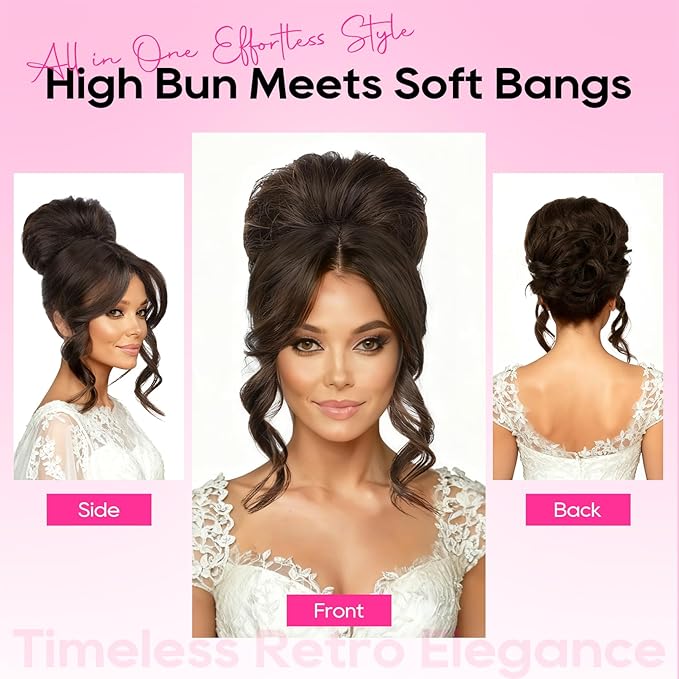REECHO Messy Bun Hair Piece with Bangs – 2-in-1 Drawstring Ponytail Extension Updo Wig & Hair Topper with Long Side Bangs, Natural-Looking Hair Bun Hairpieces for Women - Natural Blonde