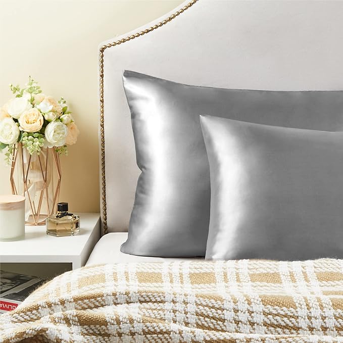 BEDELITE Satin Pillowcase with Zipper, Grey King Size Pillow Cases Set of 2, Super Soft and Cooling Similar to Silk Pillow Cases, Gift for Women Men(20x40 Inches)