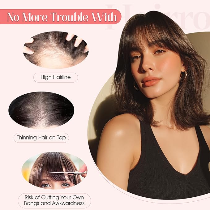 Hairro Mono Hair Toppers with Bangs, 3.4" x 3.4" Mono Base 100% Real Human Hairpieces for Women, 150% Density Clips In Topper for Greyish Thinning Hair, 16 Inch Natural Black