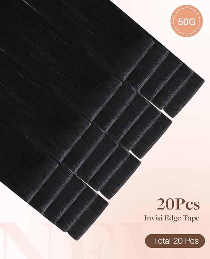 GOO GOO Invisi Edge Tape in Hair Extensions Human Hair, 1 Jet black 20pcs 20inch 50g, Virgin Remy Hair, Seamless Injected Tape, Natural Look