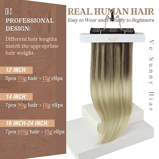 Ve Sunny Human Hair Clip in Extensions Invisible Clip in Hair Extensions Balayage Clip in Human Hair Extensions Dark Brown Ombre Golden Blonde Mix Light Blonde Daily Use Charming 7pcs 120g 20inch