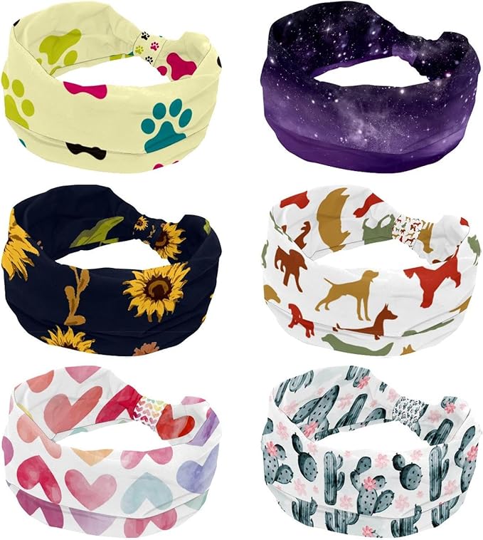 6 Pcs Stretchy Headbands for Women, Absorbed Sport Headband Soft Twist Knotted Headbands for Daily Life Yoga Workout, Dogs Collection Multi Animal