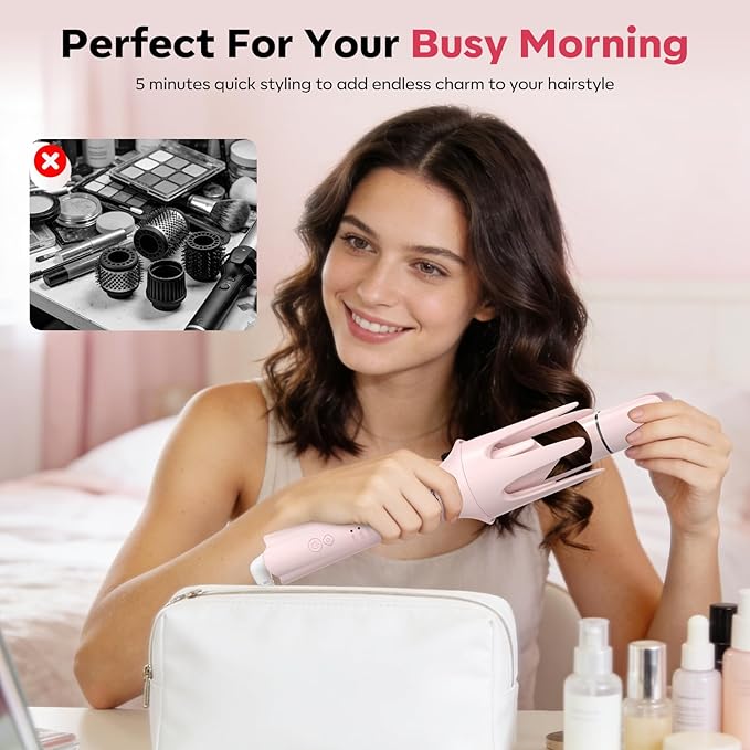7 in 1 Automatic Curling Iron Interchangeable Barrels -0.5",1", 1.25", 1.5" Curling Wand, Hair Crimper & Straightening Brush,& Rotating Curler, 300M Negative Ions & Dual Voltage, Home & Travel