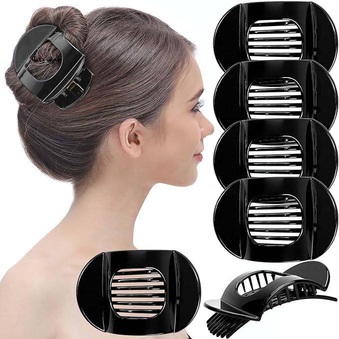 RC ROCHE 6 Pcs Flat Claw Hair Clips for Women Thick Hair French Round Duckbill Square Secure Strong Hold Grip Clamps Barrettes Curved No Slip No Crease Styling Cute Extra Jumbo XL, Large Black