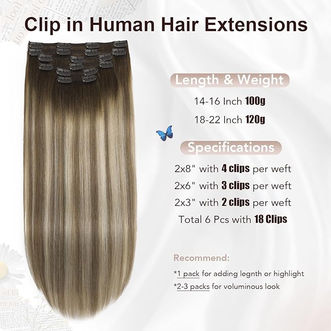 XDhair Human Hair Clip in Hair Extensions 22 Inch 6pcs 120g Balayage Color 3 Darker Brown to 8 Ash Brown and 22 Golden Blonde Double Weft Clip in Hair Extensions(22”, 3/8/22)