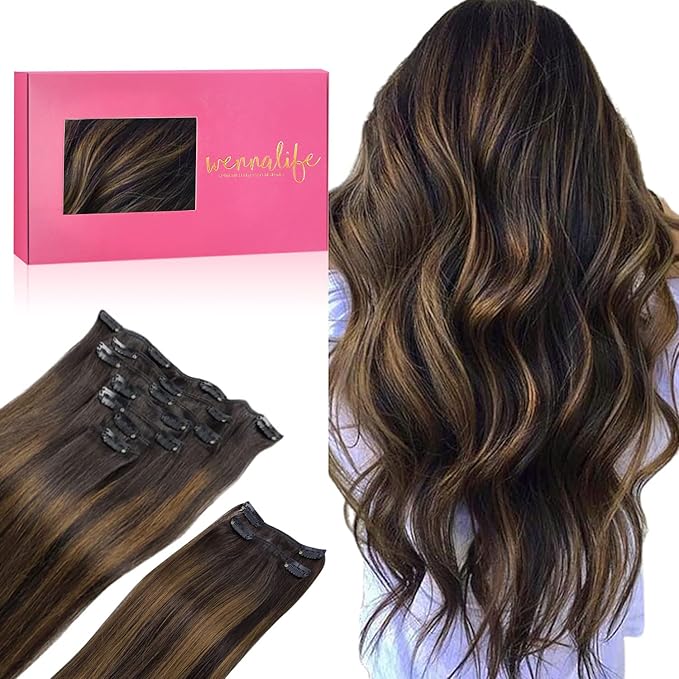 WENNALIFE Clip in Hair Extensions, 150g 14 Inch 9pcs Balayage Dark Brown to Chestnut Brown Human Hair Extensions Thicker Clip in Hair Extensions Real Human Hair Clip Set Double Weft