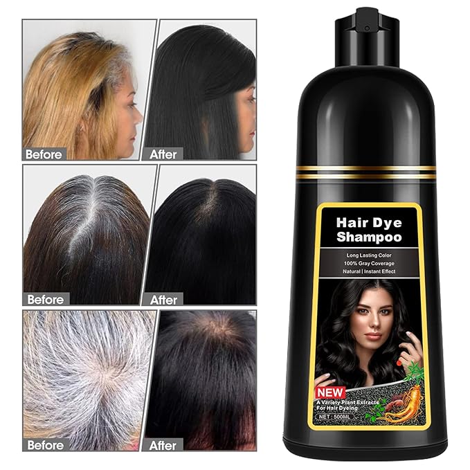 Instant Black Hair Dye Shampoo 3 in 1 for Men Women, Herbal Hair Color Shampoo for Gray Hair Coverage, Natural Champu Para Canas Easy to Use 17.6 FL OZ (Black)