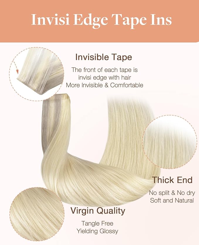 GOO GOO Invisi Edge Tape in Hair Extensions Human Hair, 17/22/60 Balayage Ash Blonde to Golden Blonde and Platinum Blonde 10pcs injected with 10pcs classical tape ins, 24inch 50g, Virgin Remy Hair