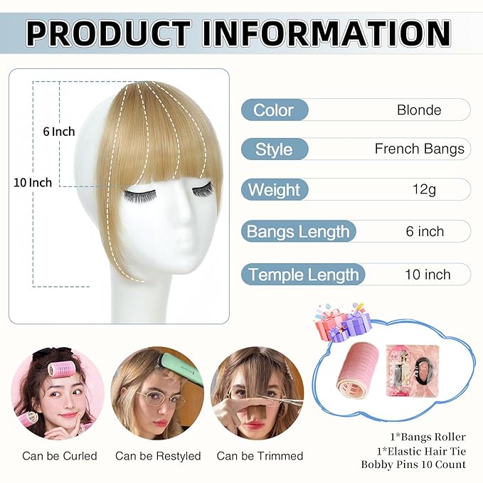 Clip In Bangs for Women, Blonde French Bangs Hair Clip with Temples, 100% Real Human Hair Layered Curved Fringe for Halloween and Daily Use(Blonde, French Bangs)