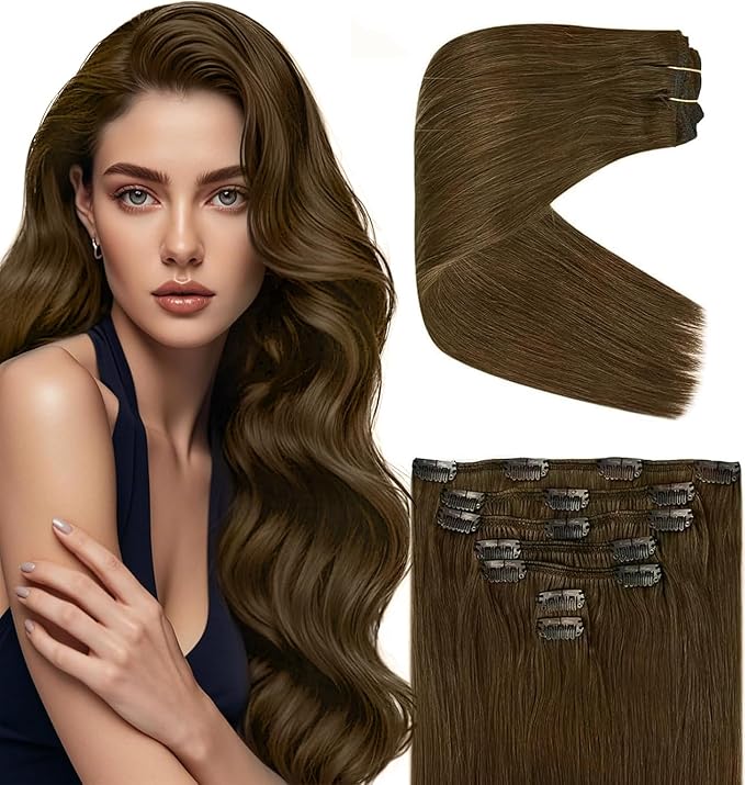Ve Sunny Real Hair Extensions Clip in Human Hair Cool Ash Brown 22 inch Hair Extensions Clip ins Remy Straight Human Hair for Women 7pcs 120g