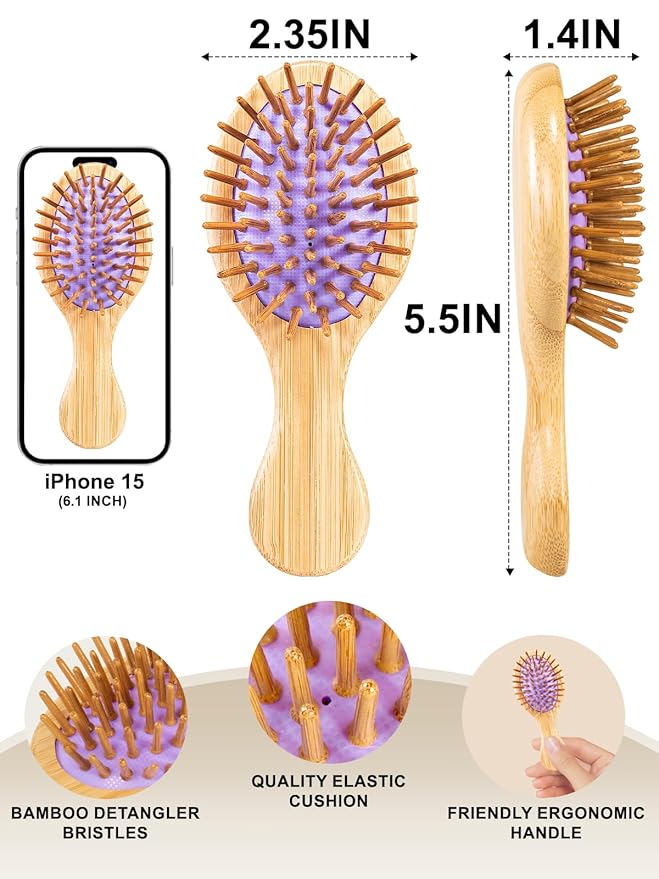 Mini Hair Brush, Sofmild Bamboo Detangling Travel Hair Brush for Women Girls Kids Wet Dry Curly All Hair Types, Mini Small Detangler Brush for Purse, Car, Travel Bag Essentials