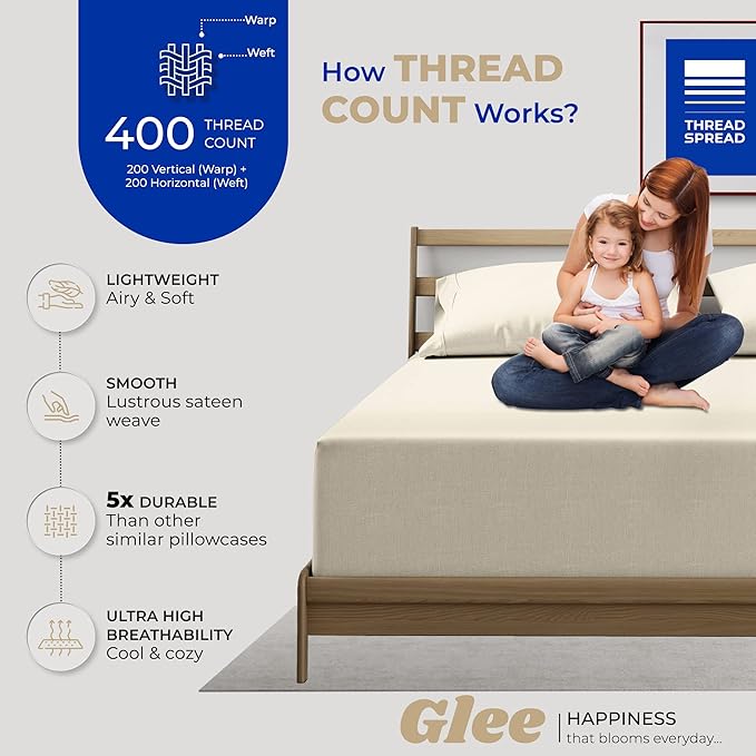 THREAD SPREAD 100% Cotton Pillowcases Standard/Queen Size Sets of 2-400 Thread Count Cotton Pillowcases, Ultra Soft Cooling Sateen Weave Pillow Cases for Sleeping, Set of 2 Pillow Covers (Ivory)