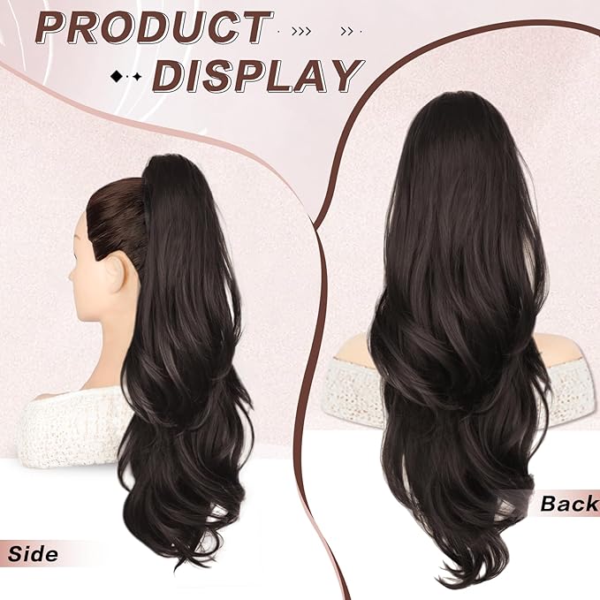 Ponytail Extension, Drawstring Ponytail Extension for Women 26 Inch Long Dark Brown Wavy Layered Pony Tails Hair Extensions Synthetic Clip in Ponytail Hairpiece for Women