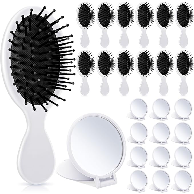 Meanplan 24 Pcs Mini Hair Brush Set 12 Travel Wet Dry Hair Combs Pocket Detangling 12 Compact Folding Makeup Mirrors for Spa Sleepover Birthday Bridal Shower Bachelorette Christmas Party Gift(White)