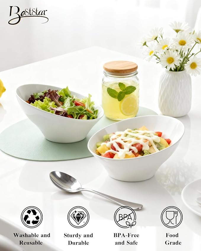 BESTSTAR 20OZ Plastic White Serving Bowls 8 Pack Angled Disposable Party Bowls for Chips, Salad, Fruit & Candy – Heavy Duty Clear Serving Bowls for Parties, Buffet, Catering, Christmas