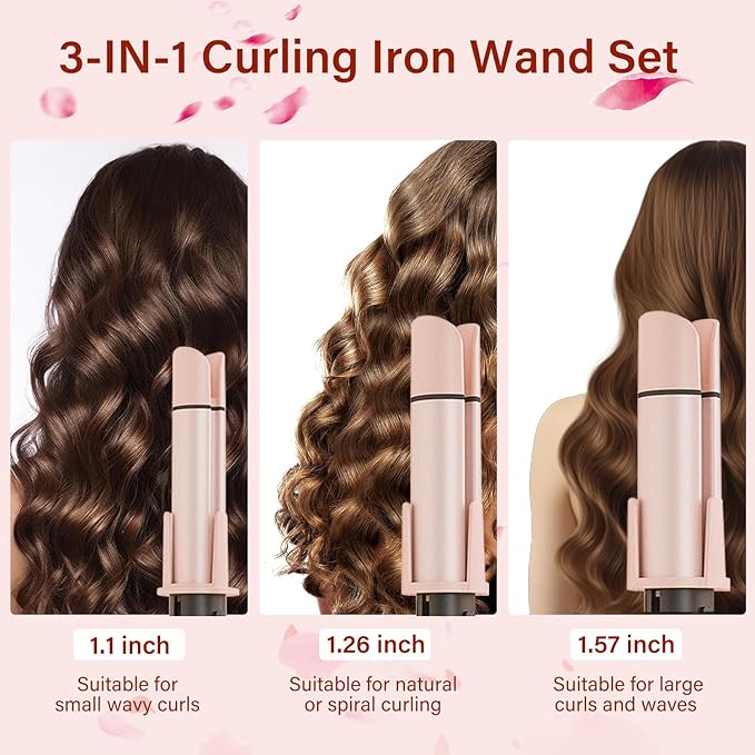 JAMIEWIN 3 in 1 Automatic Curling Iron, Hair Curlers with 3 Curling Barrels (1.1" - 1.26" - 1.57"), Rotating Curling Iron with 3 Temp, 2-Way Rotation, 10S Fast Heating, Anti-Scald, Dual Voltage, Pink