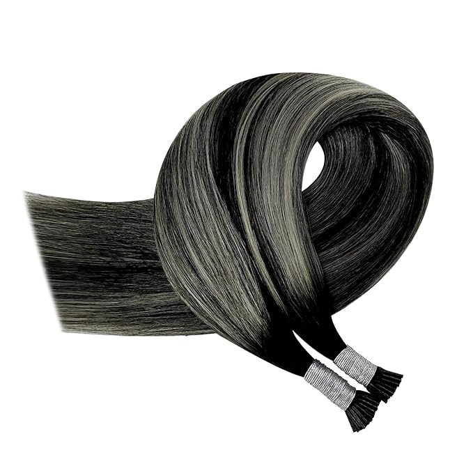 YoungSee I Tip Hair Extensions Human Hair Ombre Black 16 Inch I Tip Hair Extensions Human Hair Balayage Black with Silver Itip Hair Extension 80s 50g Itips Hair Extensions Real Human Hair for Women
