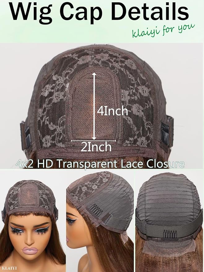 KLAIYI Brown Bob Wig Human Hair with Bangs Loose Body Wave Glueless 4x2 HD Transparent Lace Closure Chestnut Chocolate Brown with Highlight Blonde Ready to Wear and Go Beginner Wigs Pre Plucked 10Inch