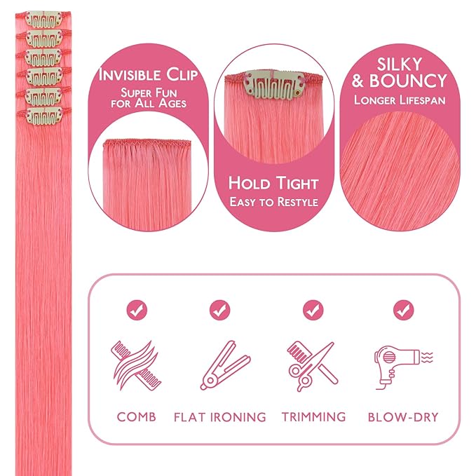 WENNALIFE Light Pink Clip in Hair Extensions Real Human Hair 35g 6pcs 16 Inch Colored Hair Extensions for Kids Women Colorful Hair Pieces Pop-up Style Straight Extensiones De Cabello Humano Con Clip