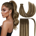 Ve Sunny Hair Extensions Ponytail Real Human Hair 80G Wrap Around Clip in Ponytail Hair Extensions Straight Extensions Human Hair for Women Medium Brown Balayage Ombre Caramel Blonde 14inch