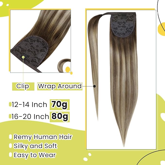 RUNATURE Real Human Hair Ponytail Extension, Balayage Ponytail Extension Real Human Hair with Magic Paste, Wrap Around Hair Ponytail for Women, 20 Inch 80g #3/8/22