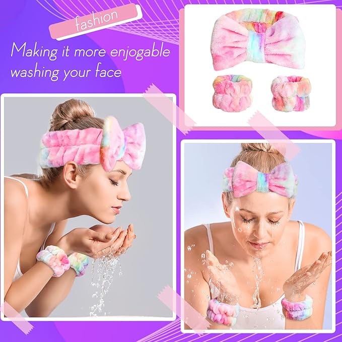 WSYUB Spa Headband and Wrist Bands, Makeup Headband and Wrist Towels for Washing Face, Fuzzy Bow Headbands, Soft Facial Head Bands, Shower Skincare Hair Sleepover Party Supplies
