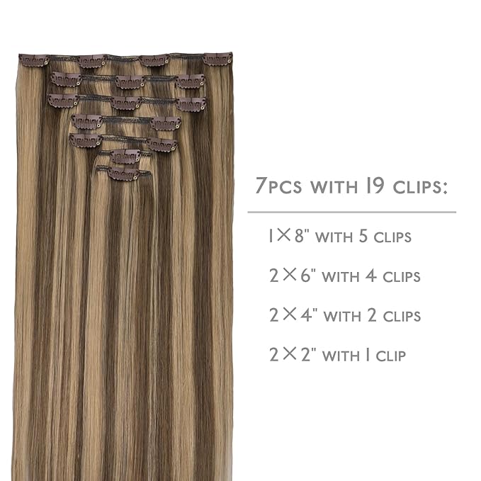WENNALIFE Clip in Hair Extensions Real Human Hair, 14 Inch 120g 7pcs Human Hair Extensions Clip In Human Hair, Balayage Chocolate Brown to Caramel Blonde Hair Extensions Clip In Real Hair Coloured