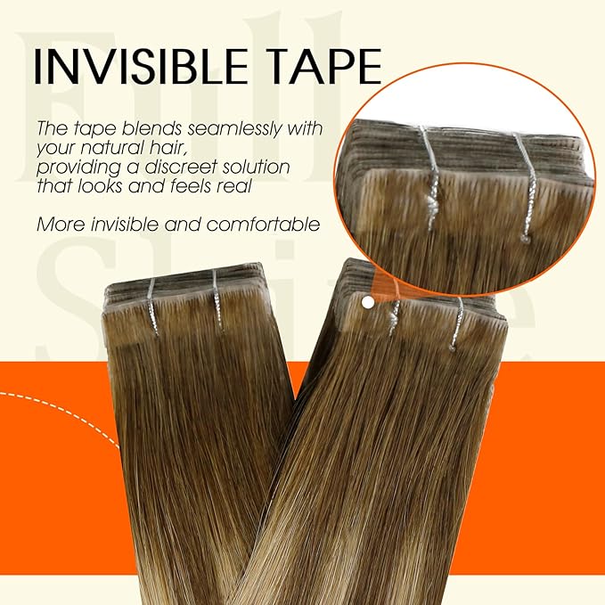 Full Shine Injection Tape in Hair Extensions Color 4/24/4 Bridal Hairstyles Lightweight Natural Straight Human Hair Tape in Extensions 20Inch 50G 20Pcs Seamless Invisible Extension