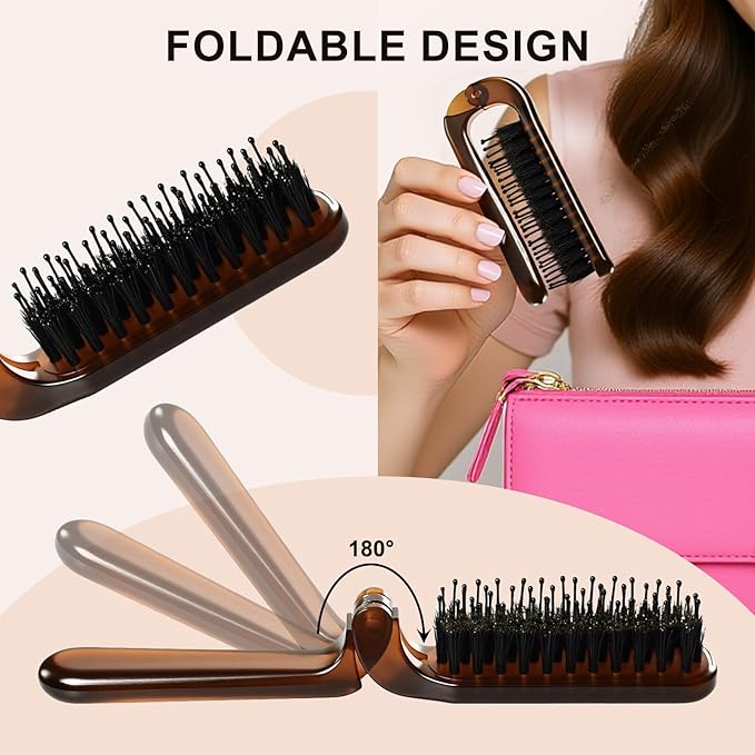 Folding Travel Hair Brush - Mini Boar Bristle Hairbrush Women, Men & Kids, Portable Pocket Purse Brush for Thick Thin Wet Dry Hair Restore Shine,Amber