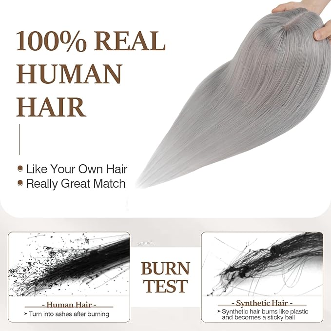 Rich Choices Hair Toppers for Women Real Human Hair 100% Human Remy Toppers NO Bangs for Women with Thinning on Top Clip in Hairpiece 4"x4.7"Lace Base 10 Inch Gray