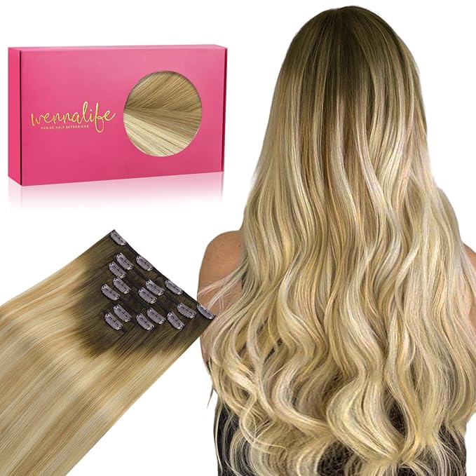 WENNALIFE Clip in Hair Extensions Real Human Hair, 14 Inch 120g 7pcs Human Hair Extensions Clip In Human Hair, Balayage Light Ash Brown to Light White Blonde Hair Extensions Clip In Real Hair Coloured