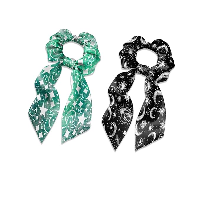 Green Star Hair Ties Elastic Ribbon 2 Pack Sun Moon Black Knotted Bow Hair Scrunchies for Girls No Damage Ponytail Scrunchy with Long Tails