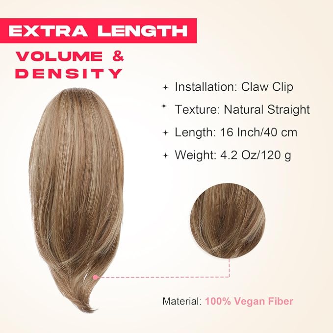 Ponytail Extension – 16” Claw Clip in Ponytail Hair Extensions Natural Soft Synthetic High Pony Tail Hairpieces for Women (Light Brown with Highlights, 16 inch)