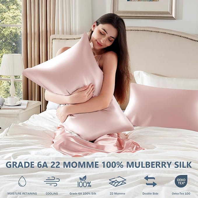 Silk Pillow Cases 2 Pack King Size Mulberry Silk Pillowcase Set of 2 for Hair & Skin 36 x 20 Inches 22 Momme Both Sided Grade 6A Silk Soft Breathable Cooling with Hidden Zipper, Pink